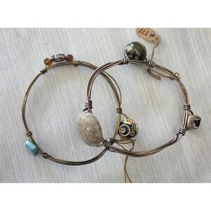 Pair of Artisan Handmade Stone Beaded Bangle Bracelet Wire Beach Boho Hippie
